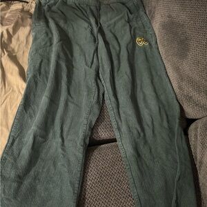 Green Corduroy Pants with Embroidered Detail